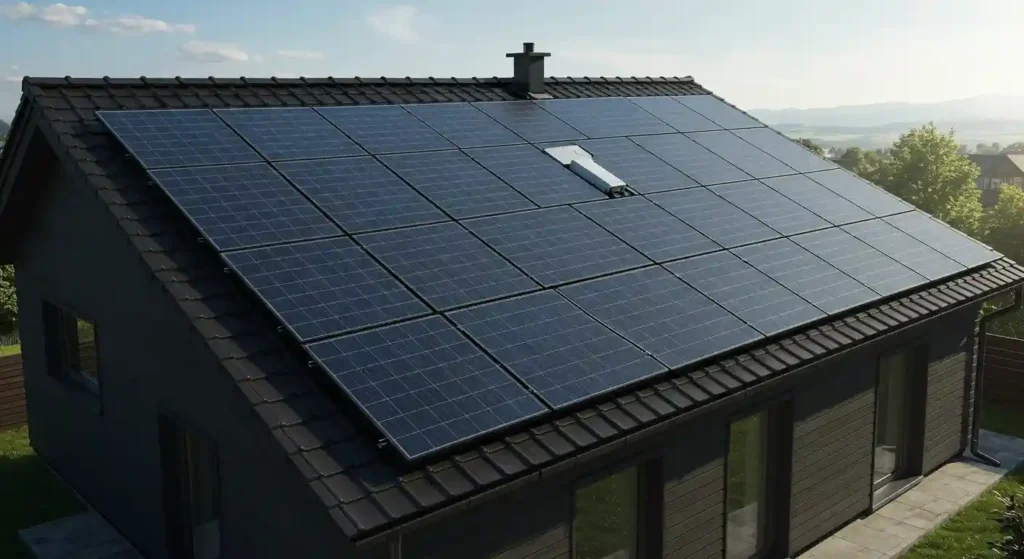 A modern house with a roof covered in solar panels, surrounded by greenery and mountains under a clear blue sky.