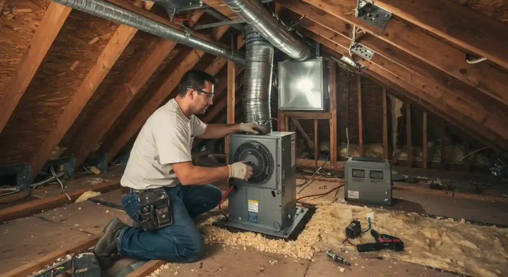 A technician kneels in an attic, working on an air conditioning unit, surrounded by insulation and tools on a wooden floor.