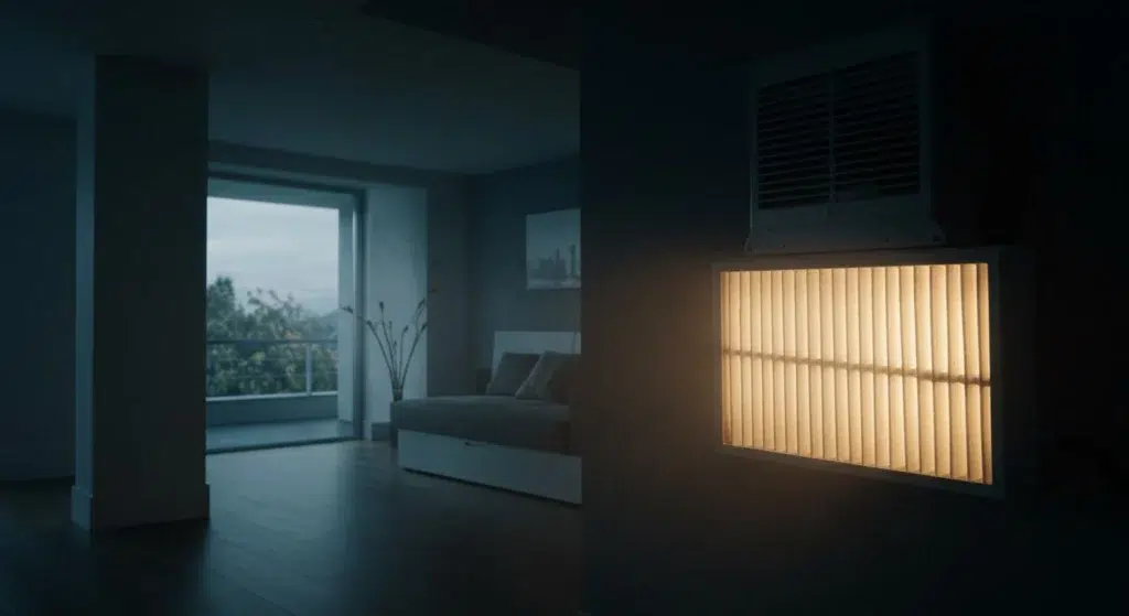 Dimly lit room featuring a cozy sofa, with a warm light fixture illuminating the wall and a large window showcasing a cloudy outdoor view.