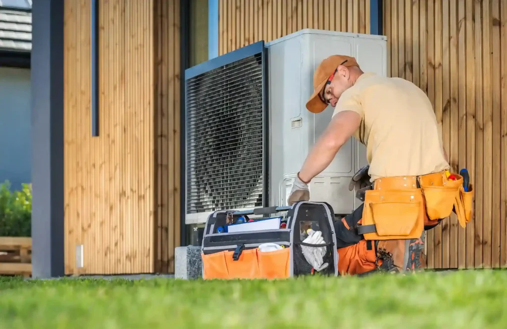 Technician with tool belt servicing outdoor Heatpump unit beside building with wooden paneling.