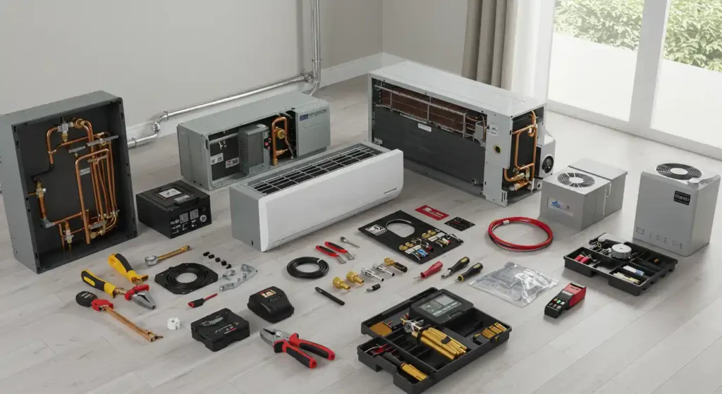 A set of home air conditioning components, tools, and accessories arranged neatly on a floor, with natural light streaming in.