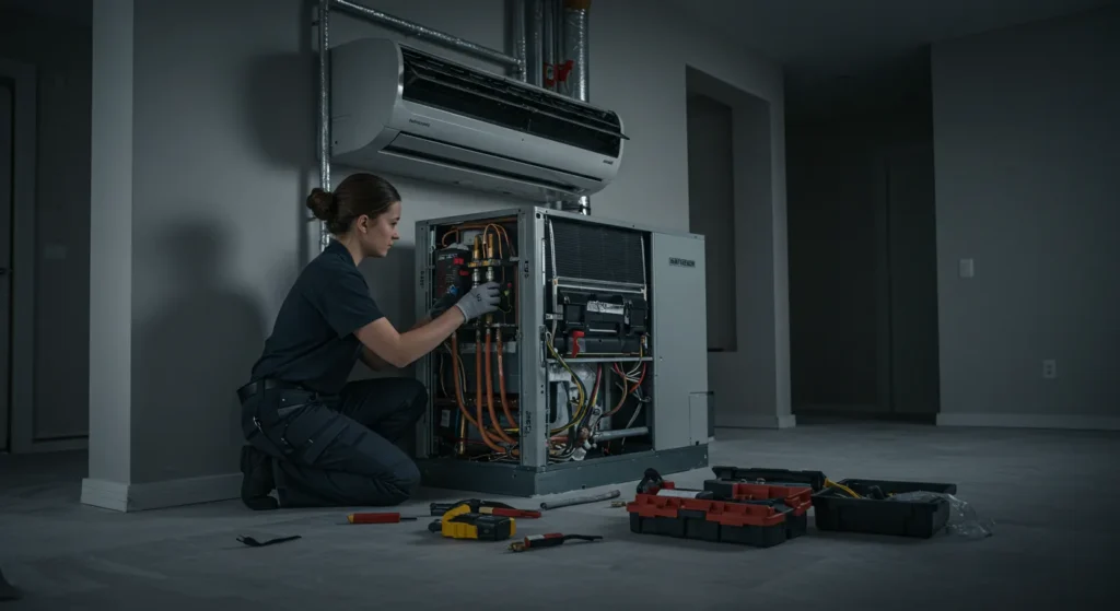 A technician works on a modern HVAC unit, surrounded by tools and equipment, in a dimly lit, empty room.