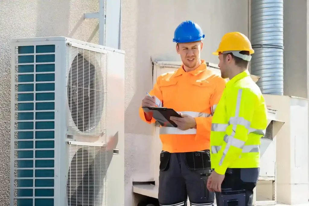 Two workers in safety gear inspecting industrial air conditioning unit, one holding clipboard