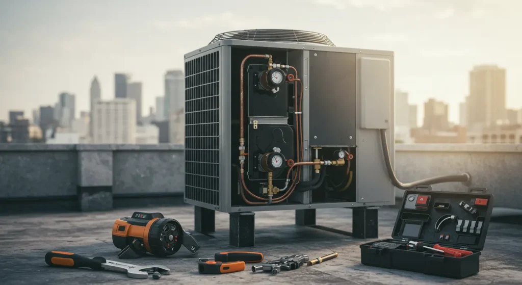 A rooftop air conditioning unit with gauges and tools, set against a city skyline at sunset, showcasing HVAC maintenance equipment.