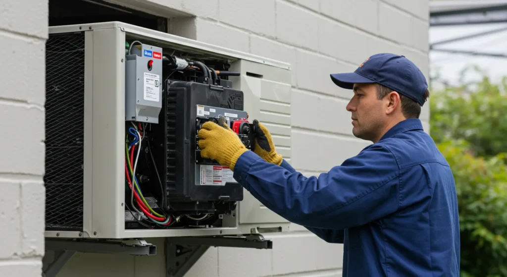 A technician in blue shirt, cap and yellow gloves is replacing an outdoor AC unit