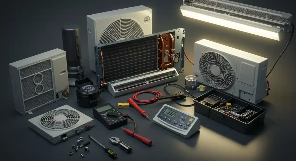 Disassembled air conditioning unit with tools, wires, and measuring devices arranged on a dark surface, highlighting HVAC repair components.
