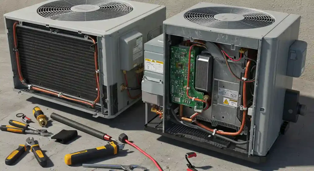 Two disassembled air conditioning units displaying internal components, surrounded by various tools on a concrete surface.