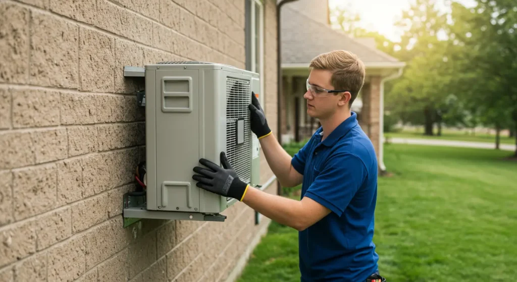 A technician in a blue shirt and gloves is installing an outdoor air conditioning unit on a tan brick wall in a green yard.