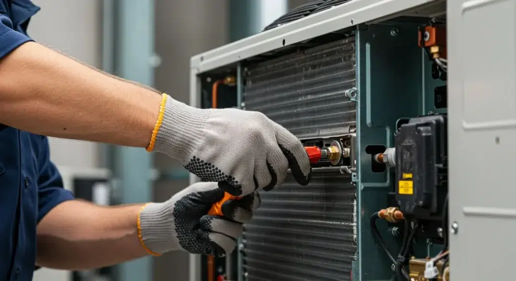 Technician in gloves repairing an AC unit.