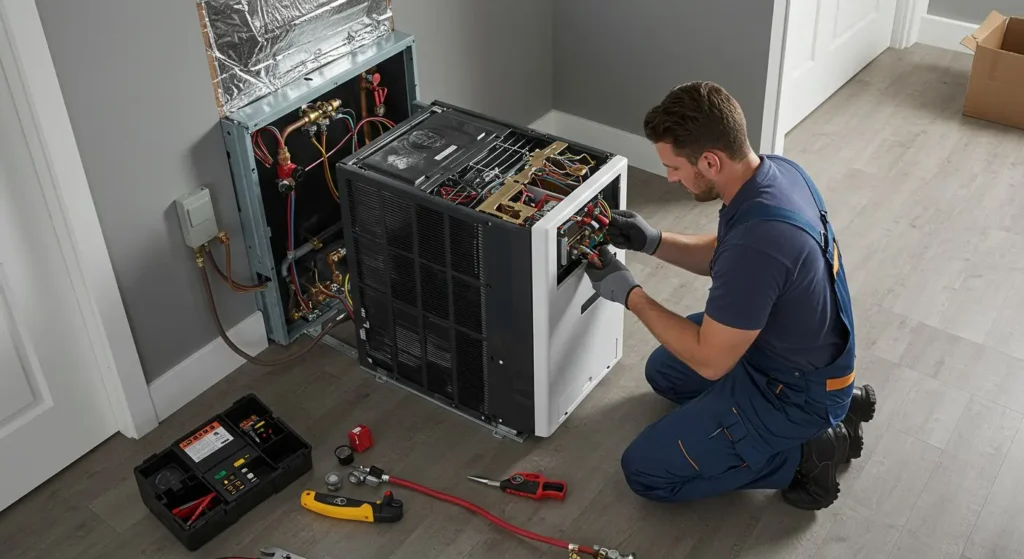 Man replacing an indoor AC unit.