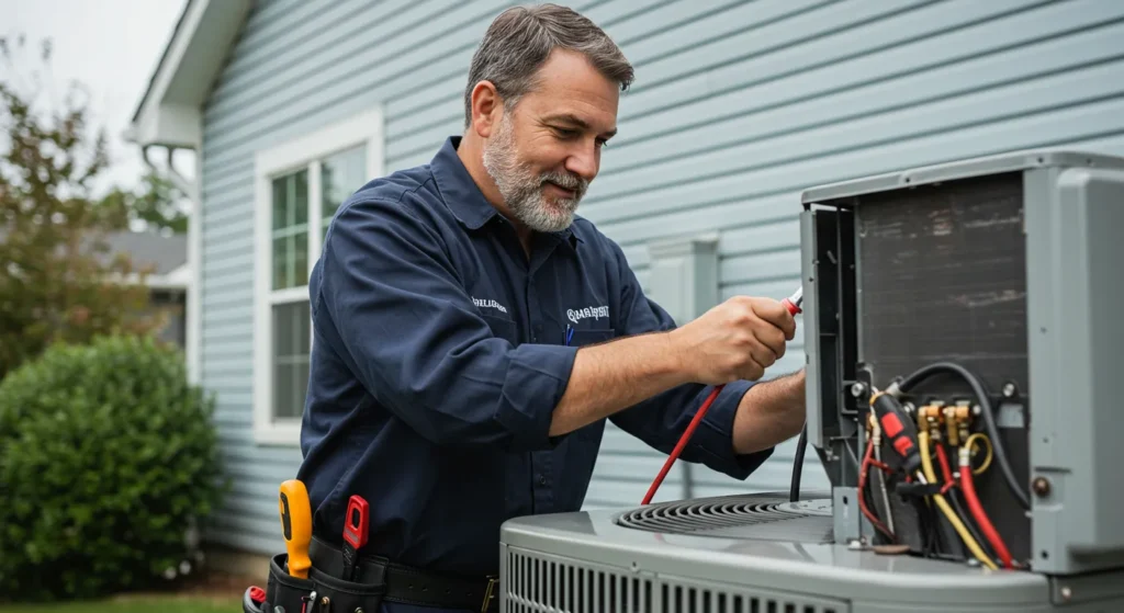 An old technician repairing an outdoor AC using tools