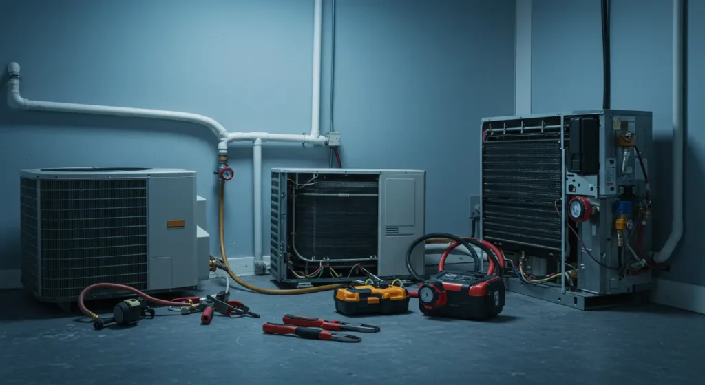 A dimly lit room features multiple air conditioning units and various HVAC tools scattered on the floor against a blue wall.