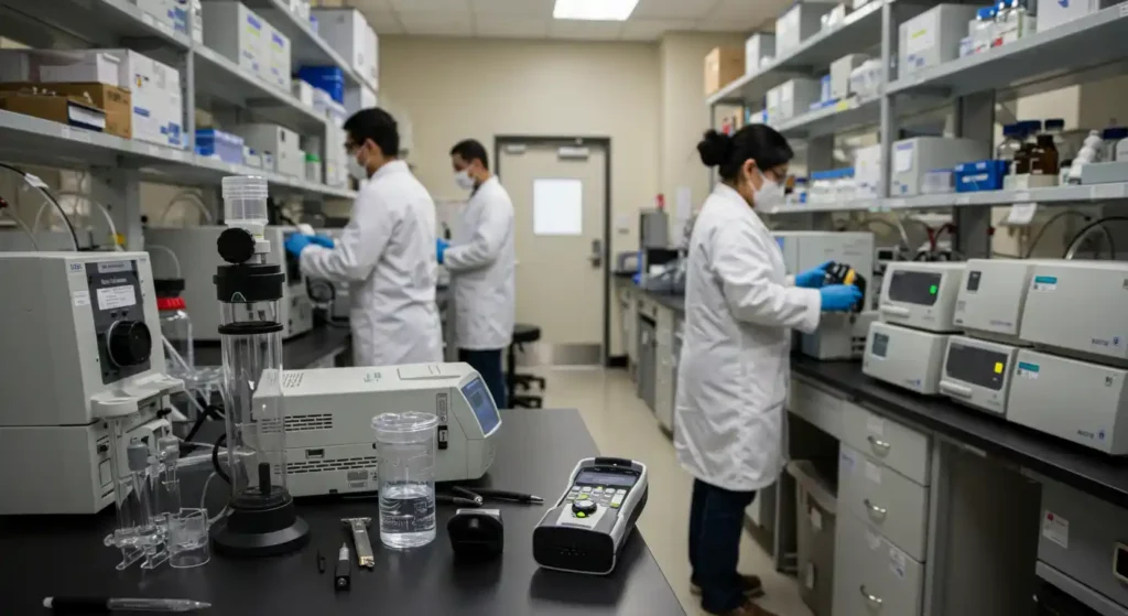 Researchers in lab coats conduct experiments in a clean lab filled with scientific equipment and organized shelves of supplies.