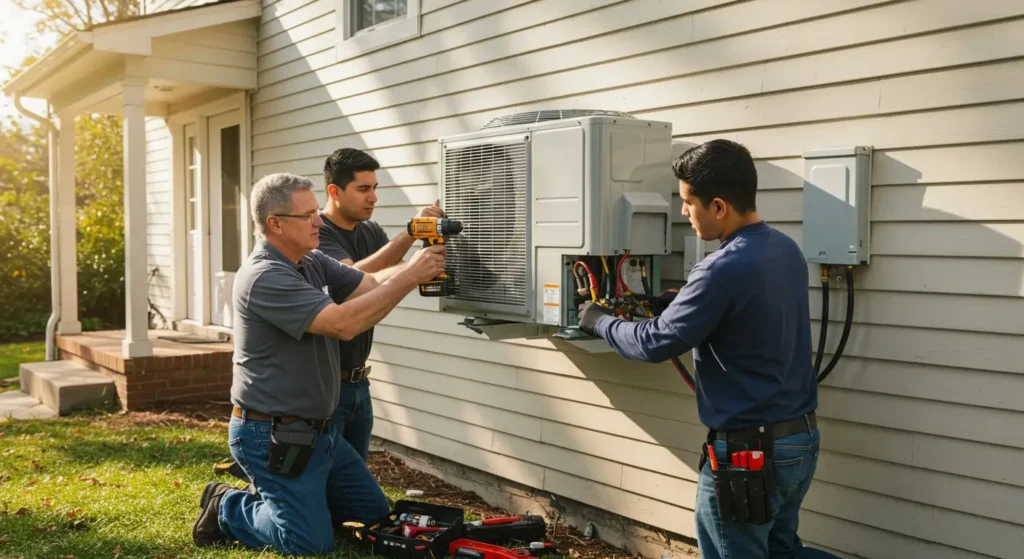 Three men installing an AC unit outside.