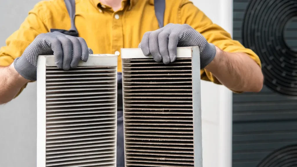 Person in gloves holding clean and dirty air filters side by side for comparison