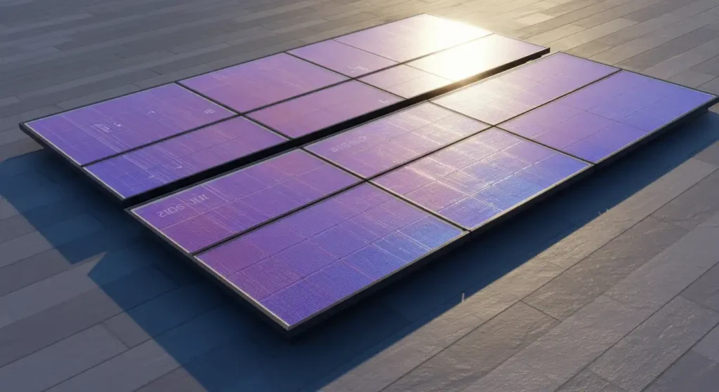 Two rows of purple-hued solar panels are positioned on a flat surface, reflecting sunlight in a clean energy setting.