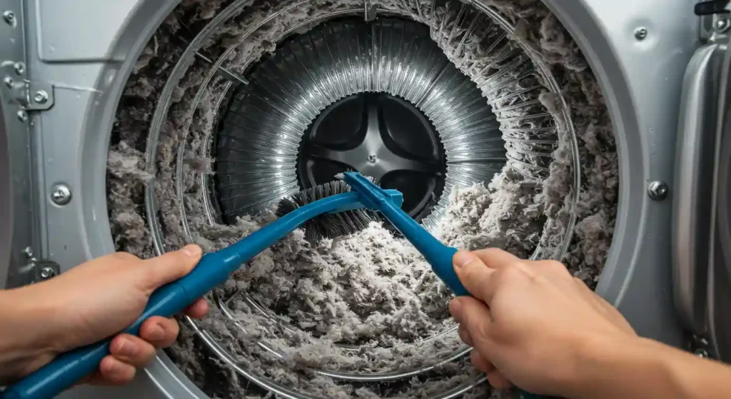 Close-up of hands using blue tools to clean lint from a dryer drum, revealing a buildup of gray lint inside.