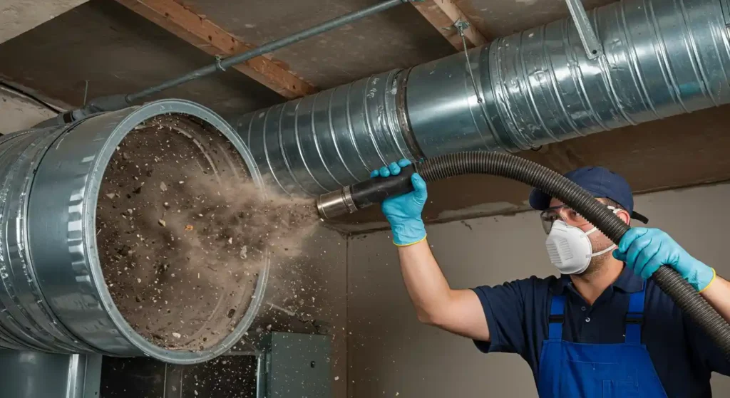 A person in blue gloves uses a vacuum hose to clean dirt and debris from a metallic duct in a ventilation system.