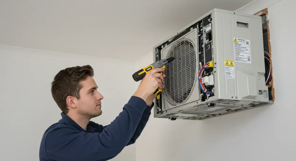 Technician installing or servicing a ductless mini-split air conditioning unit mounted on a wall. He is using a power drill and working on the unit’s internal components, with visible wiring and technical labels, indicating professional HVAC maintenance or installation.
