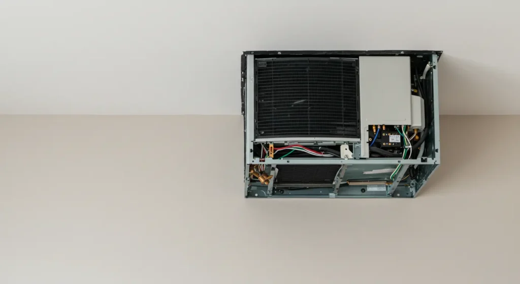 Close-up view of an exposed ductless ceiling-mounted air conditioning unit with internal components and wiring visible, indicating the unit is under installation, maintenance, or replacement. The ceiling and upper wall are plain, highlighting the HVAC system's placement and technical details.