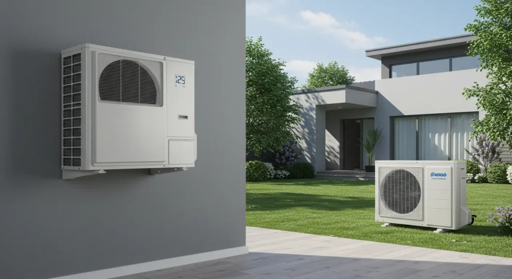 Ductless mini-split HVAC units indoors and out.
