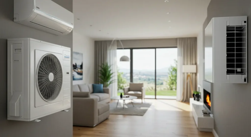 Modern living room with a ductless mini-split HVAC system installed on the wall, showing both the indoor air handler and outdoor condenser unit. The space features contemporary furniture, a large window with scenic views, and a cozy fireplace, illustrating energy-efficient home climate control.