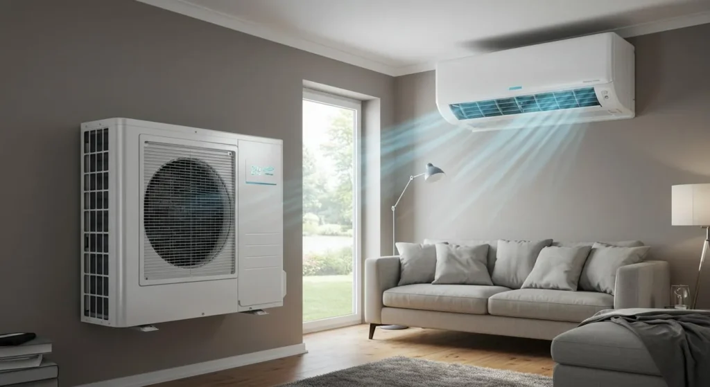 Modern living room with an air conditioning unit on the wall, cool air flowing, sofa with cushions, and a large window letting in light.
