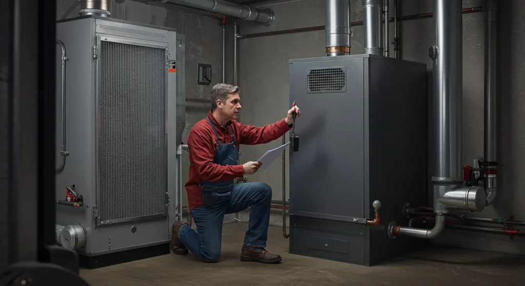 A technician kneels beside a heating system in a utility room, inspecting equipment and referencing notes on a clipboard.