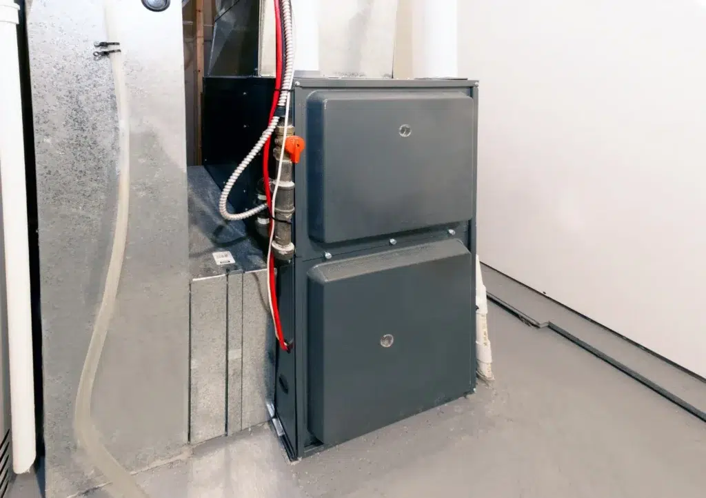 A black furnace with an orange lever is connected to gray metal ducts and pipes, standing in a small room with gray walls and flooring.