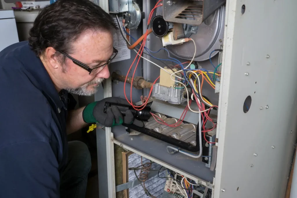 An old technician wearing spectacles and gloves is inspecting an indoor furnace system