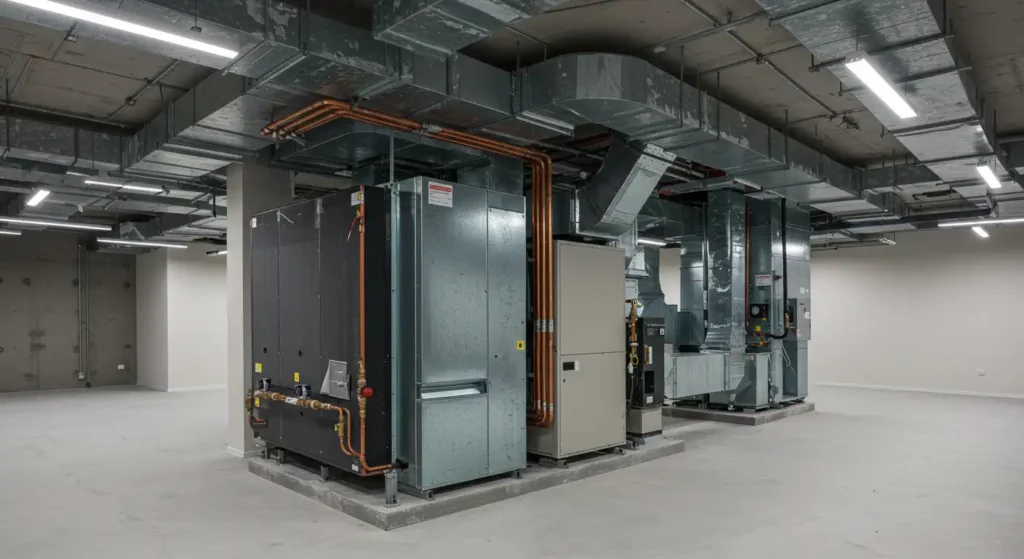 Industrial setting featuring large HVAC units and ductwork, set against a neutral wall with bright overhead lighting.