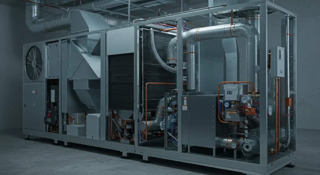 An industrial HVAC unit featuring large metal ducts, cooling coils, and various pipes, set against a gray background.