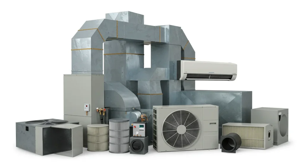 A collection of HVAC components, including ducts, air conditioning units, and filters, arranged on a white background.