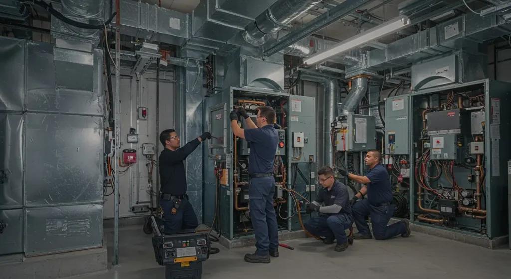Four technicians servicing large commercial HVAC units.