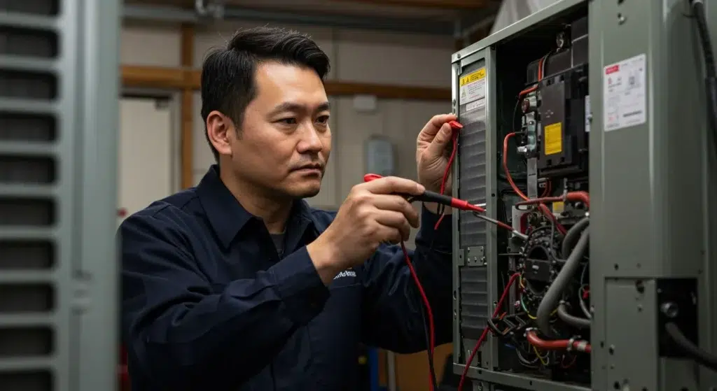 Technician performing diagnostics on an HVAC unit.