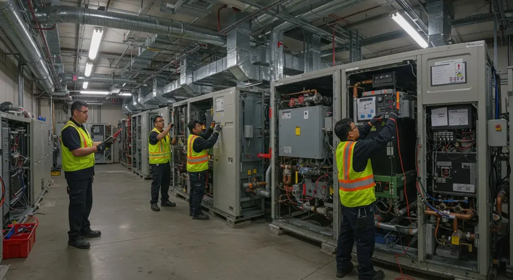 Several technicians servicing a commercial HVAC system.