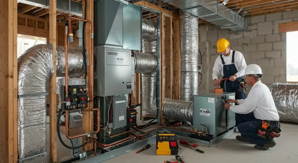 Two technicians installing an indoor HVAC system.