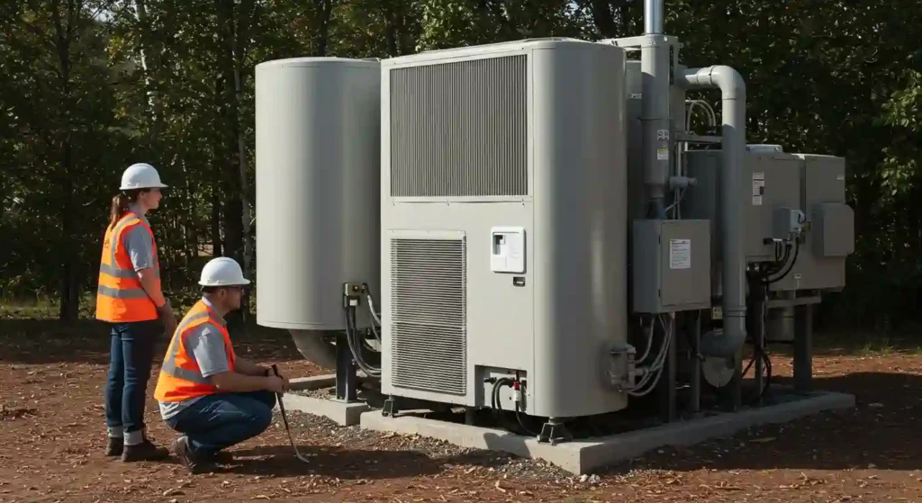 Two technicians in hard hats and safety vests are examining large, light-colored industrial HVAC units outdoors, surrounded by trees.
