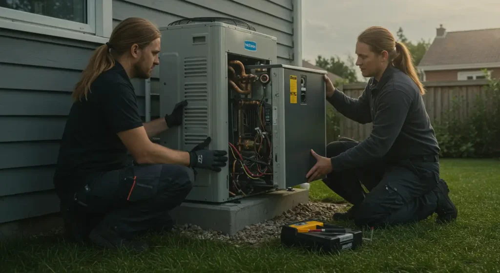 Two technicians in work attire are servicing an outdoor HVAC unit, surrounded by grass and a wooden fence in the background.