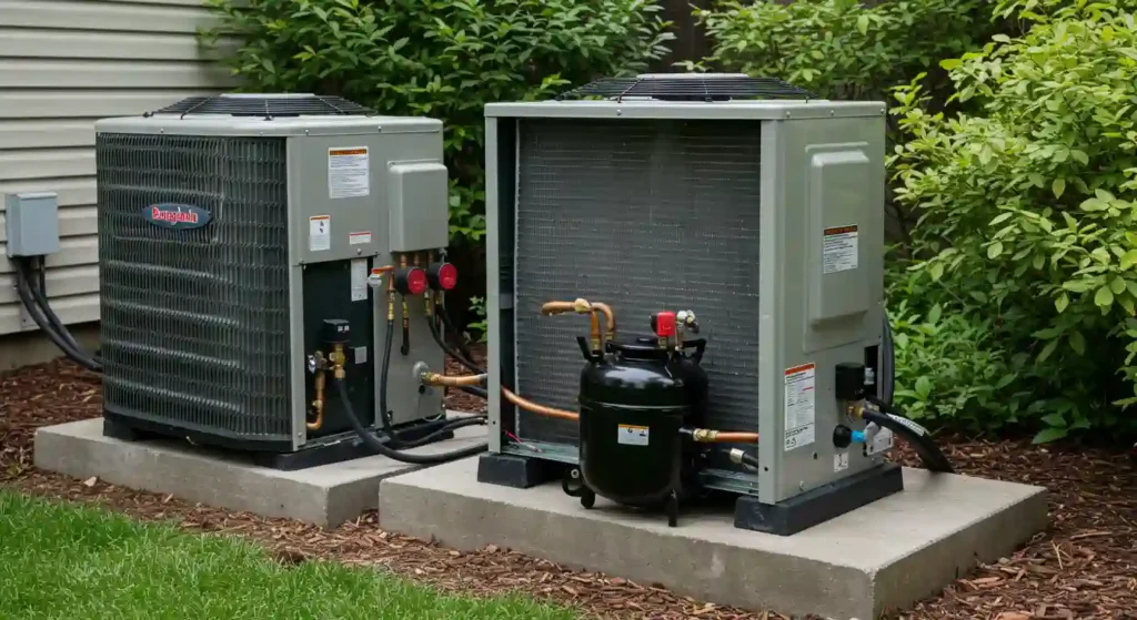 Two outdoor air conditioning units sit side by side on concrete pads, surrounded by greenery and connected by pipes.