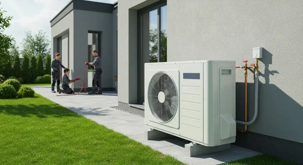 A heat pump device installed in the outer wall of a home
