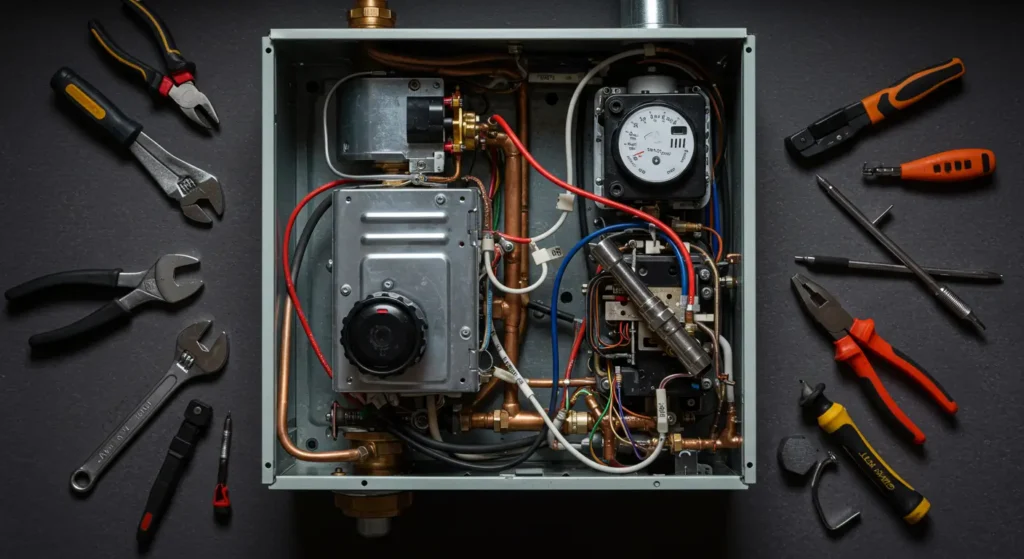 An open appliance with visible internal components and various tools surrounding it, showcasing a mechanical repair setup.