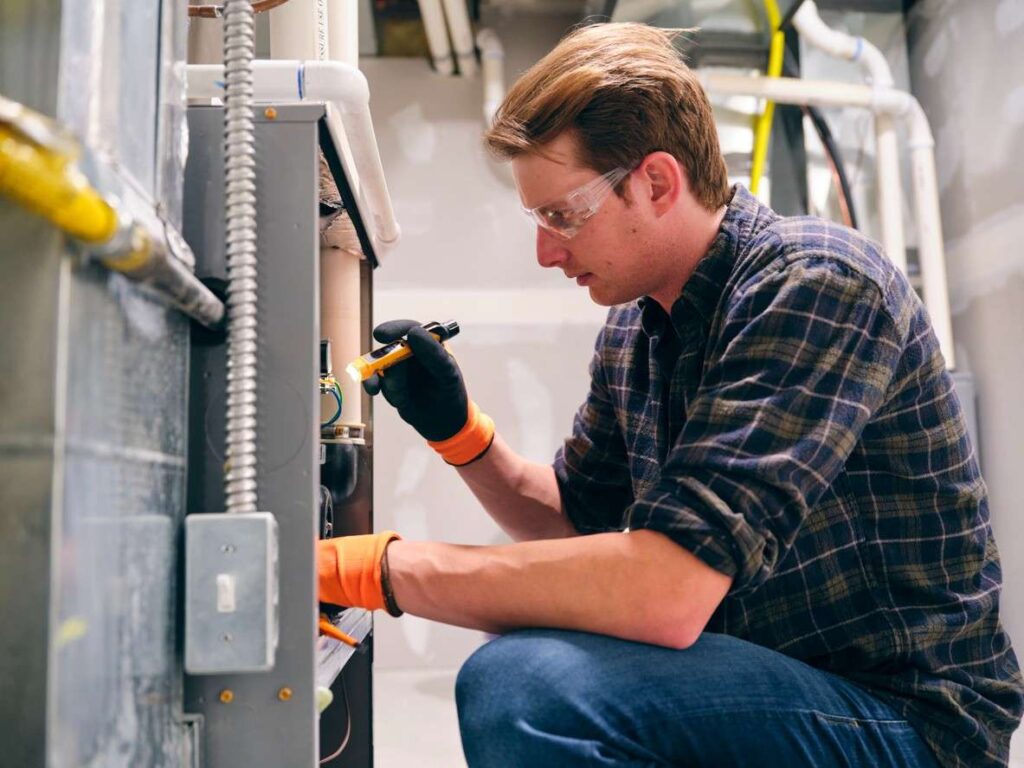 A person in a plaid shirt and gloves repairs a furnace, using a tool and examining components inside a basement setting.