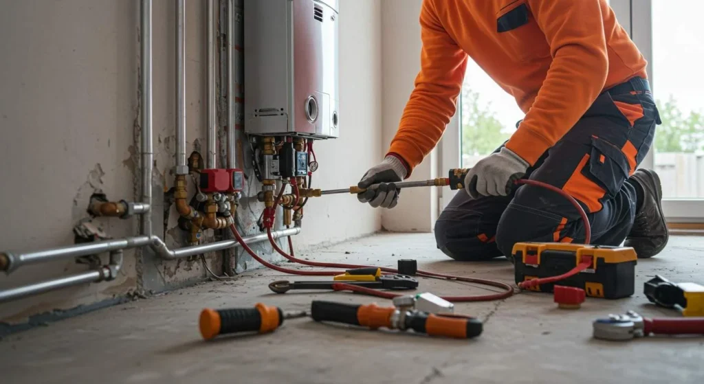 A technician in orange workwear kneels to install plumbing equipment, surrounded by tools and pipes in a partially finished room.