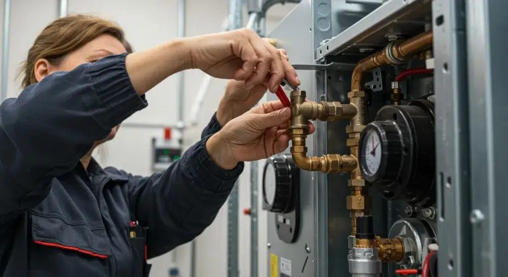 Woman in overalls performing heating system maintenance.