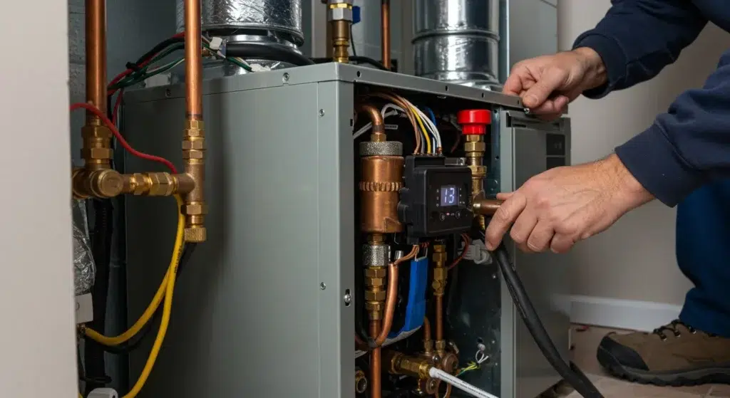 Worker inspecting the pipes of a heating unit.