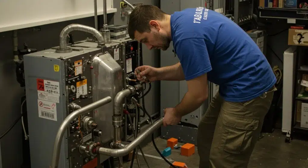 Man repairs industrial heating unit with tools.