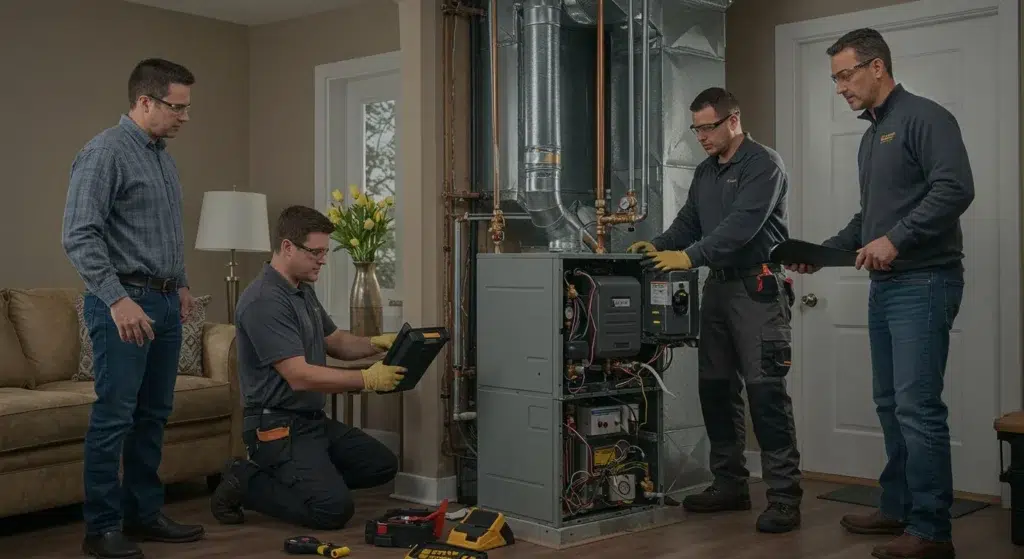 HVAC technicians inspect and service a furnace.