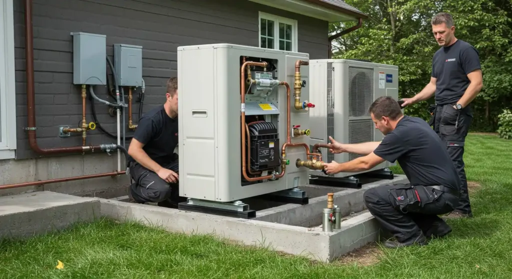 Three men installing outdoor heat pump units.