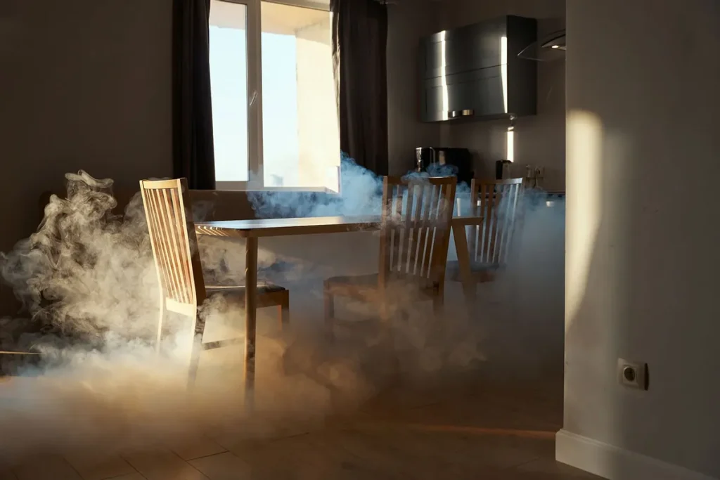 Dining room filled with thick smoke indoors.